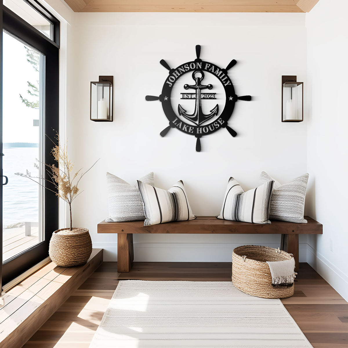 Nautical-themed wall decor with an anchor and steering wheel design in a modern interior setting.